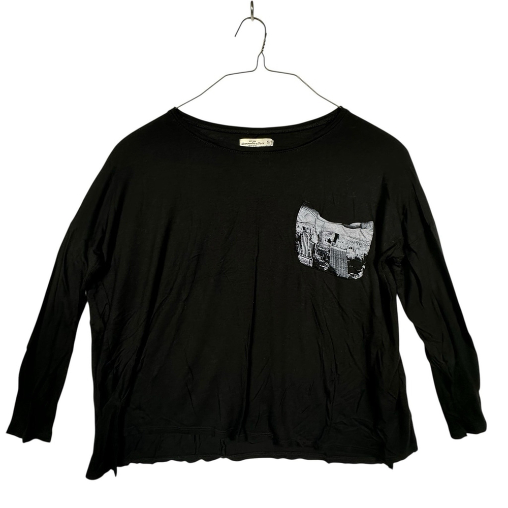 Abercrombie & Fitch Shirt Women Extra Small Black Graphic Scoop Neck Long Sleeve